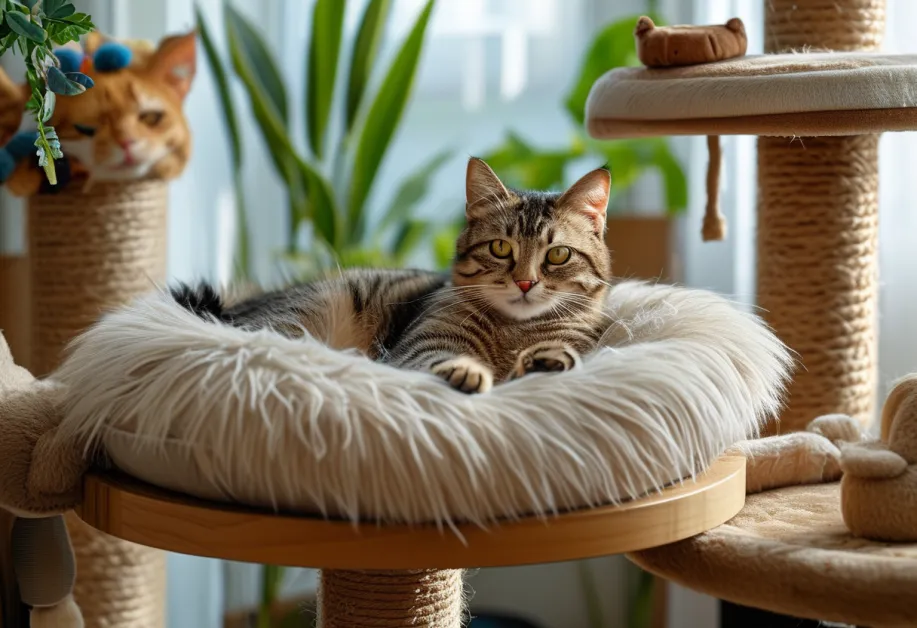 ภาพแมวสูงวัยนั่งพักอยู่ในพื้นที่ที่เงียบสงบและปลอดภัย - แสดงถึงความสำคัญของพื้นที่พักผ่อนที่เหมาะสมสำหรับแมว