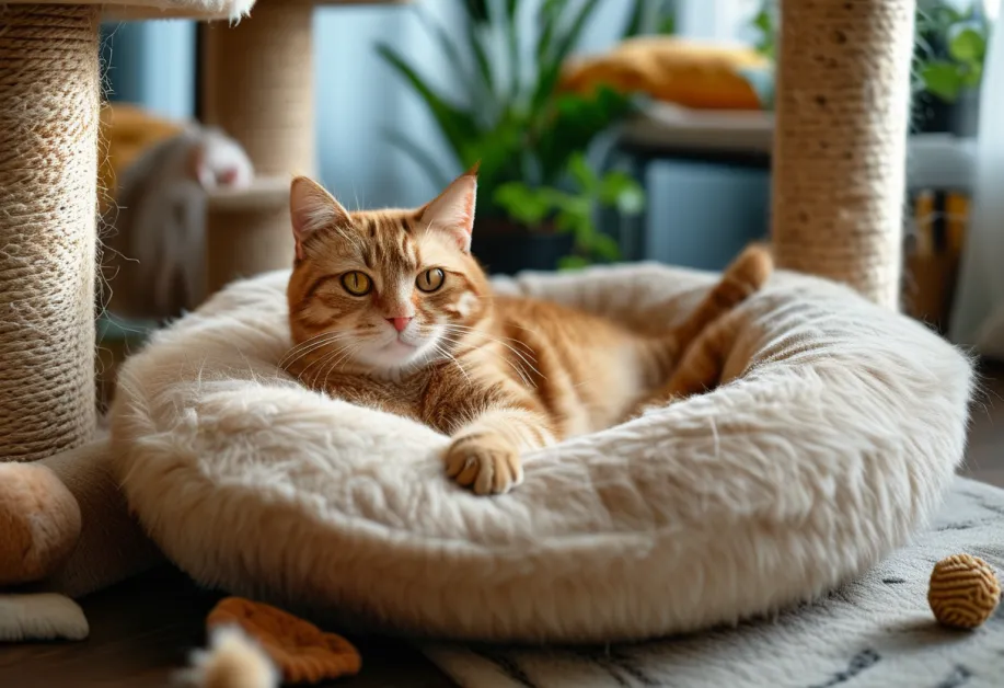 ภาพแมวนอนหลับในที่นอนส่วนตัว - การจัดสภาพแวดล้อมที่เงียบสงบและปลอดภัยช่วยให้แมวพักผ่อนได้เต็มที่