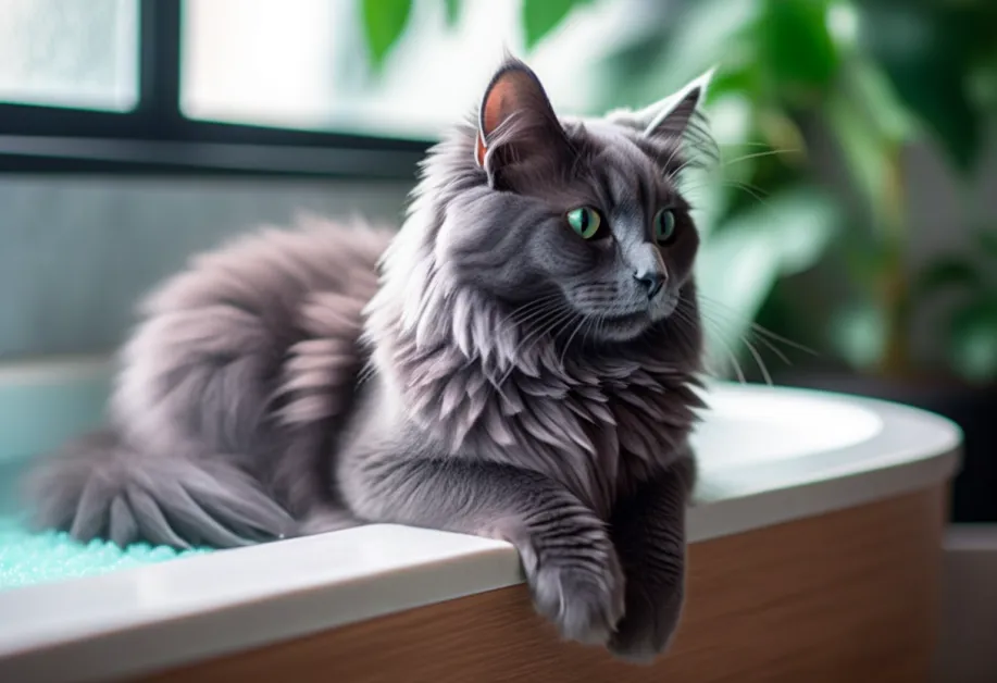 แมวสีขาวสะอาดอยู่ในอ่างอาบน้ำที่อบอุ่น สะท้อนถึงการดูแลความสะอาดและผิวหนังแมวในช่วงอากาศเย็น