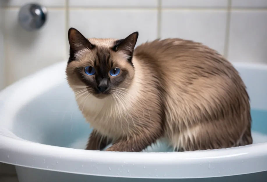 ภาพแมวในอ่างน้ำพร้อมแชมพูสำหรับสัตว์เลี้ยง - เลือกแชมพูที่ปลอดภัยสำหรับแมวเพื่อสุขภาพผิวและขนที่ดี