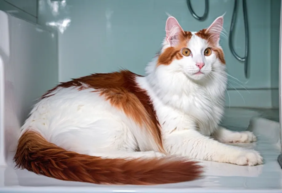 ภาพแมวกำลังอาบน้ำอย่างสะอาดสดชื่น พร้อมแชมพูที่เหมาะสมเพื่อป้องกันกลิ่นและรักษาสุขอนามัยในบ้าน