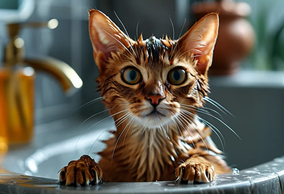 ช่วงเวลาที่แมวขนสวยงามกำลังถูกล้างตัวในน้ำอุ่น ผลิตภัณฑ์สำหรับผิวบอบบางช่วยลดการระคายเคืองและปกป้องผิว