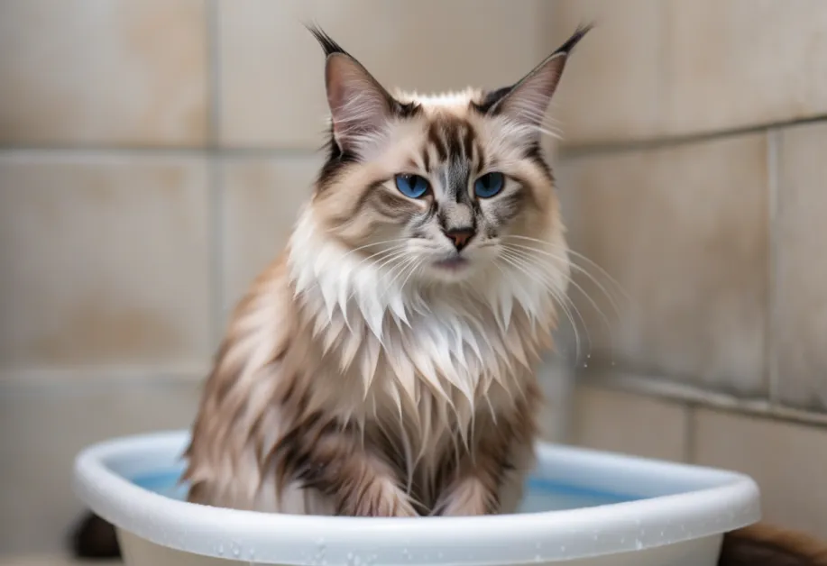 แมวกำลังผ่อนคลายหลังการอาบน้ำ พร้อมขนที่สะอาดและสุขภาพดี ผลิตภัณฑ์สำหรับผิวแพ้ง่ายช่วยเสริมความมั่นใจให้เจ้าของแมว