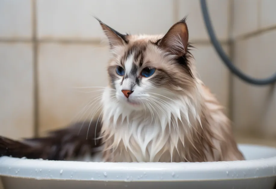 แมวแสนสุขกำลังได้รับการเช็ดตัวด้วยความระมัดระวังเพื่อป้องกันการระคายเคือง ใช้ผลิตภัณฑ์ที่เหมาะสำหรับผิวบอบบาง