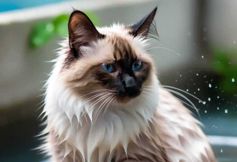 แมวเปียกน้ำในอ่างอาบน้ำ - แมวกำลังอาบน้ำพร้อมสายตาที่อยากรู้อยากเห็น เหมาะสำหรับการแนะนำวิธีการอาบน้ำแมวที่เป็นมิตรและปลอดภัย
