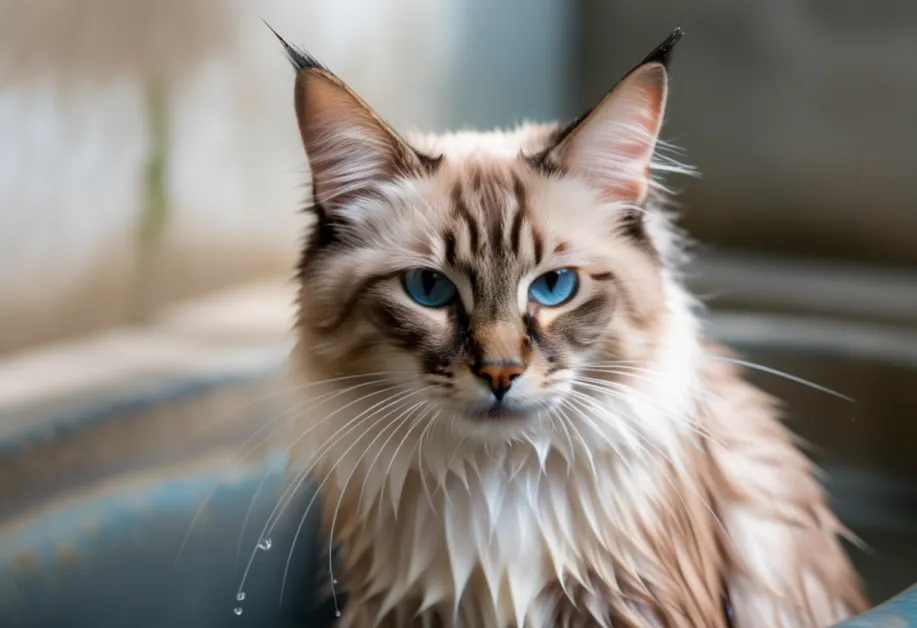 แมวผ่อนคลายขณะอาบน้ำ - ภาพแมวกำลังผ่อนคลายในอ่างน้ำอย่างสงบ ช่วยสร้างแรงบันดาลใจให้เจ้าของแมวเรียนรู้การอาบน้ำแมวแบบไม่เครียด