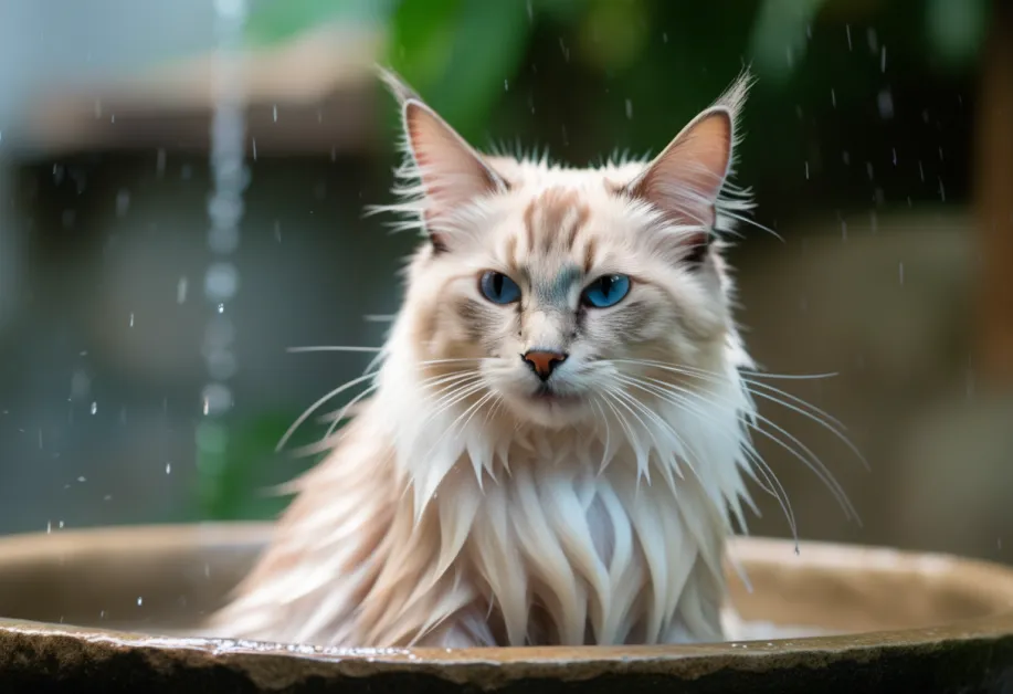 แมวผิวแพ้ง่ายกำลังได้รับการลูบตัวด้วยฟองสบู่จากแชมพูออร์แกนิกที่ปลอดภัยและอ่อนโยน เหมาะสำหรับการดูแลแมวภูมิแพ้