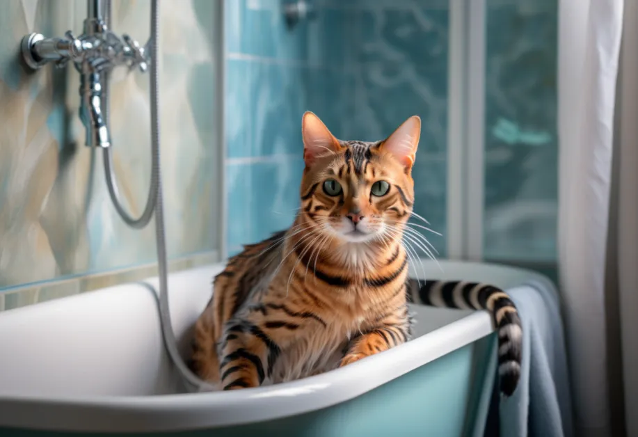 แมวกำลังอาบน้ำอย่างอ่อนโยนในอ่างน้ำ ด้วยผลิตภัณฑ์สำหรับแมวที่มีผิวแพ้ง่าย ช่วยดูแลสุขภาพผิวและขนให้แข็งแรง