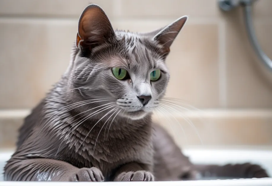 แมวที่ผ่อนคลายในอ่างน้ำระหว่างการอาบน้ำ ด้วยเทคนิคที่เหมาะสมและปลอดภัยสำหรับแมวที่บอบบาง