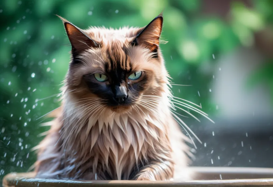 แมวสุดขี้เล่นกำลังอาบน้ำในอ่างน้ำอย่างสดใส ด้วยวิธีการดูแลขนที่เหมาะสมสำหรับสุขภาพผิวที่ดี