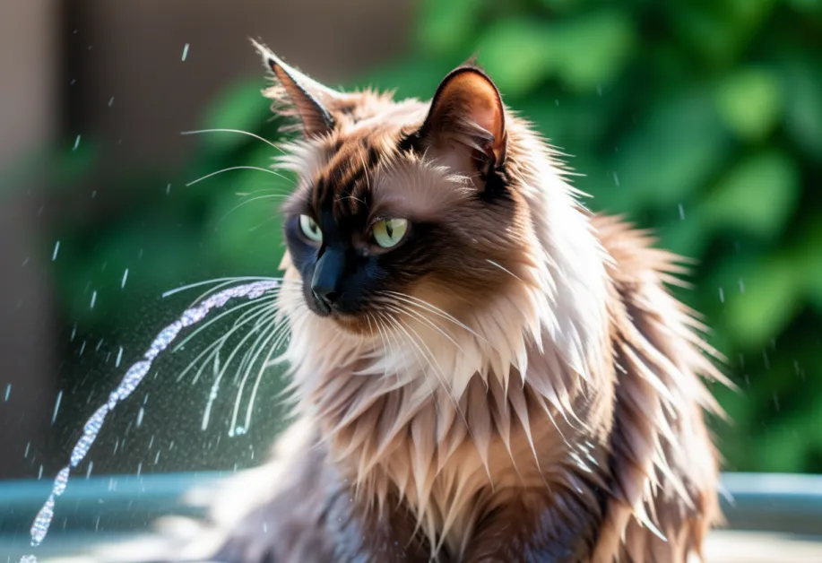 แมวกำลังนั่งในอ่างน้ำอย่างสงบ บรรยากาศที่อบอุ่นและปลอดภัยเพื่อสร้างความผ่อนคลายระหว่างการอาบน้ำ