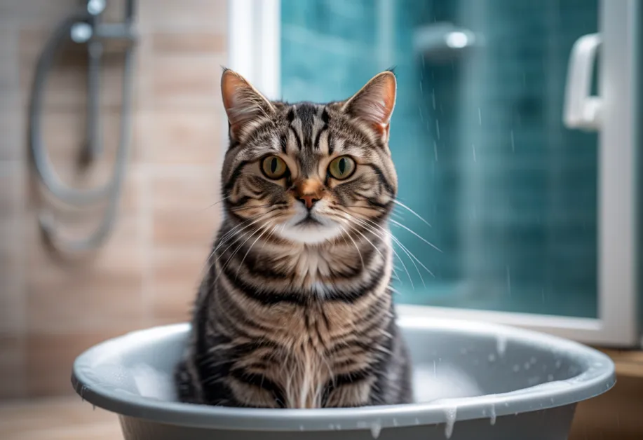 แมวนั่งสบายพร้อมขนเรียบลื่นและเงางาม แสดงถึงผลลัพธ์จากการดูแลขนแมวที่เหมาะสมและอุปกรณ์กรูมมิ่งที่มีคุณภาพ