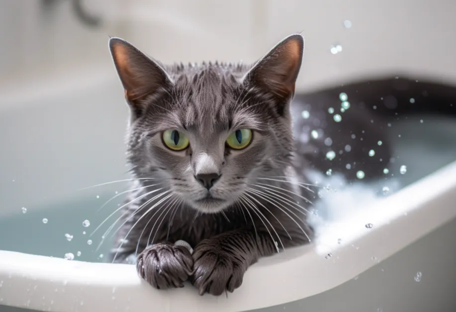 อาบน้ำแมวเพื่อสุขภาพผิวที่ดี - แมวเบอร์แมนในขั้นตอนสุดท้ายของการอาบน้ำ พร้อมผิวที่สะอาดและขนเงางาม สะท้อนถึงความใส่ใจในการดูแลแมวที่มีผิวบอบบาง