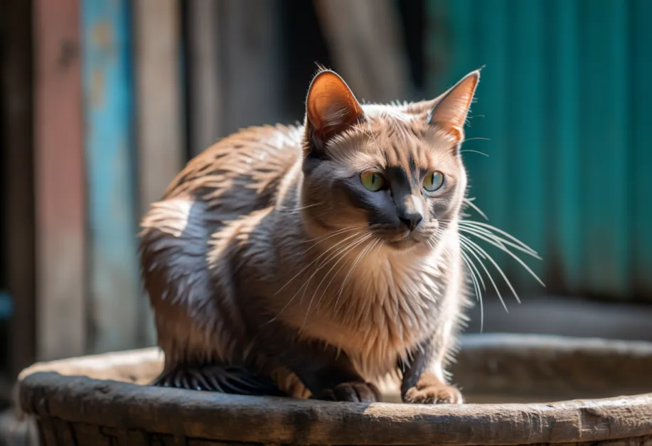 แมวขนสั้นกำลังผ่อนคลายขณะทำความสะอาดตัวในอ่างน้ำ เหมาะสำหรับการดูแลสุขภาพผิวและขน
