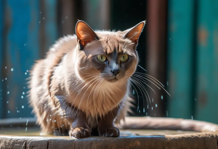 แมวสีขาวกำลังถูกลูบตัวด้วยฟองแชมพูในอ่างน้ำเล็ก สื่อถึงการเลือกใช้ผลิตภัณฑ์ที่เหมาะสมและช่วยให้แมวปลอดภัยและสะอาด