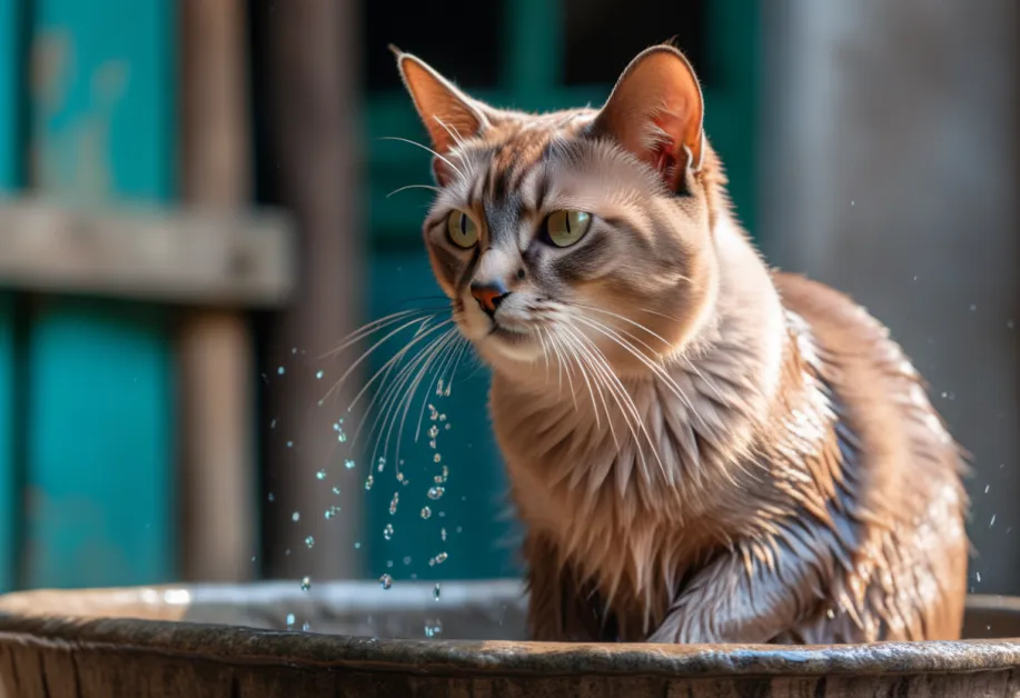 แมวขนยาวสีเทาในอ่างน้ำขณะอาบน้ำ ช่วยลดกลิ่นและรักษาความสะอาดให้กับแมวของคุณ