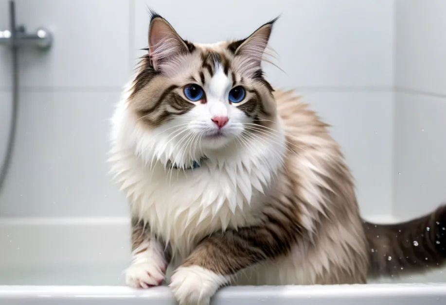 แมวลายสีน้ำตาลกำลังนอนพักผ่อนหลังจากการอาบน้ำ ทำให้ขนเงางามและสุขภาพผิวดี