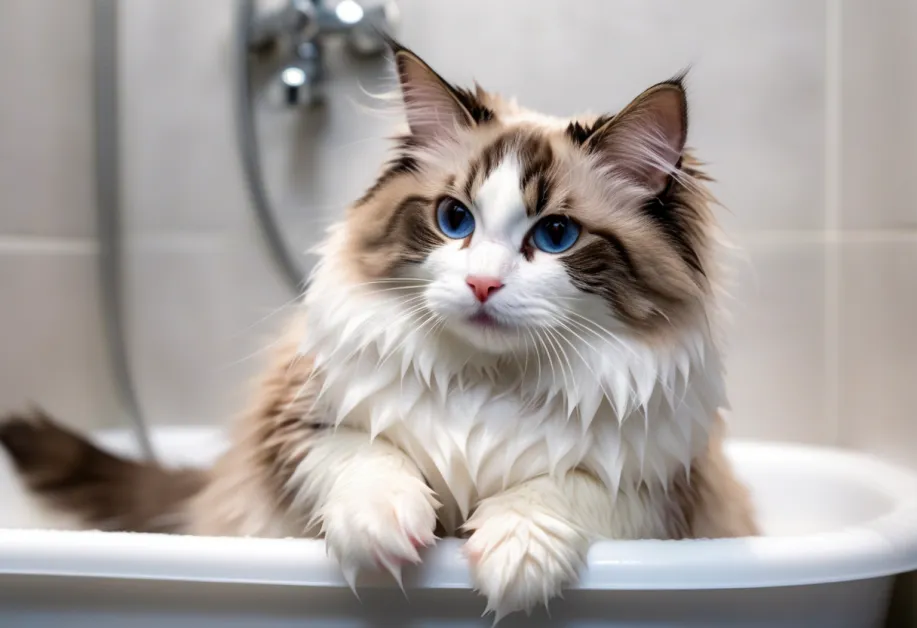 แมวสีส้มกำลังเล่นสนุกในอ่างน้ำอย่างสบายใจ พร้อมกับการดูแลผิวที่มีประสิทธิภาพ