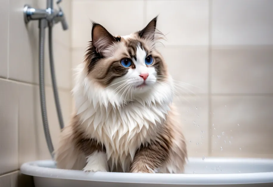 แมวขนฟูสีน้ำตาลกำลังเพลิดเพลินกับการอาบน้ำในอ่าง ภาพนี้แสดงถึงการดูแลที่นุ่มนวลเพื่อให้แมวรู้สึกสบาย
