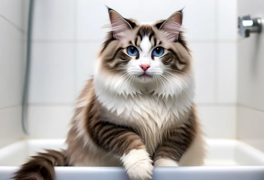 แมวขนสั้นสีเทาในช่วงเวลาการอาบน้ำด้วยสบู่สูตรธรรมชาติ ภาพนี้เน้นถึงการใช้ผลิตภัณฑ์ที่ปลอดภัยและอ่อนโยนต่อแมว