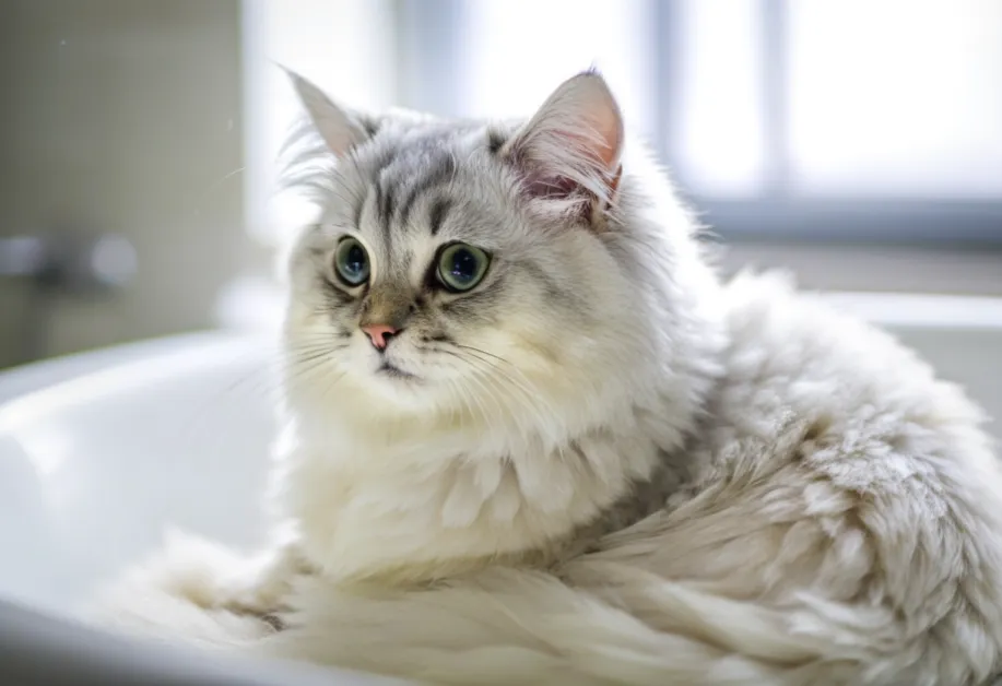 แมวนั่งอยู่ในแสงธรรมชาติ โชว์ผิวหนังและขนที่เงางาม สะท้อนถึงการดูแลและใช้ผลิตภัณฑ์ที่เหมาะสม