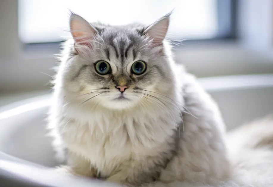 แมวสีดำลายขาวในอ่างน้ำที่เต็มไปด้วยฟองสบู่ ช่วยให้ขนสะอาดและลดการสะสมของฝุ่น