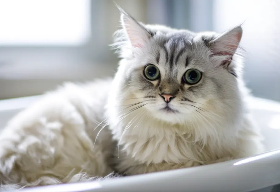 ภาพแสดงแมวขนยาวสีขาวที่กำลังอาบน้ำในอ่างน้ำ พร้อมแชมพูอ่อนโยนสำหรับแมว ช่วยป้องกันการระคายเคืองผิวหนังและทำให้ขนเงางาม