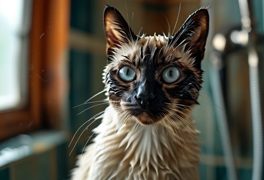 การดูแลแมวเบอร์แมนในระหว่างอาบน้ำ - แมวเบอร์แมนที่ถูกดูแลอย่างดีในขั้นตอนอาบน้ำด้วยผลิตภัณฑ์บำรุงผิว ช่วยป้องกันปัญหาผิวหนังและดูแลขนให้นุ่มสลวย