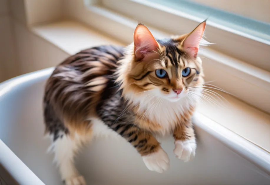 การเช็ดตัวแมวหลังอาบน้ำ - ภาพเจ้าของกำลังใช้ผ้าขนหนูซับขนแมวอย่างเบามือหลังอาบน้ำเสร็จ เพื่อให้ขนแห้งและนุ่มลื่น