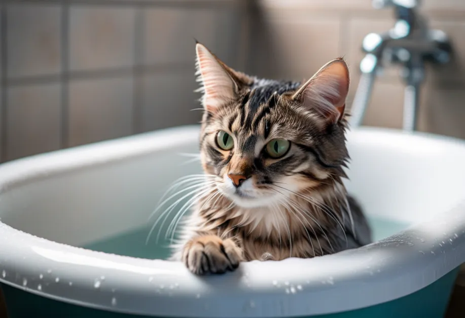 แมวสุขภาพดีหลังอาบน้ำ - ภาพแสดงแมวที่สะอาดและมีสุขภาพดีหลังผ่านการอาบน้ำ พร้อมขนเงางาม