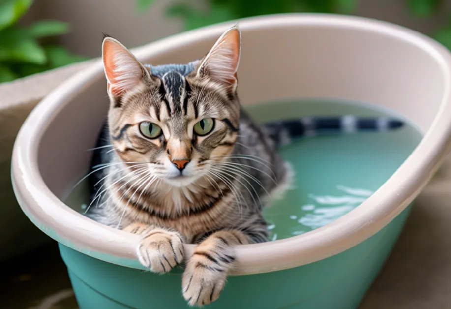 ภาพการอาบน้ำแมวแบบง่าย - ภาพแสดงขั้นตอนการอาบน้ำแมวในอ่างน้ำ พร้อมอุปกรณ์ที่จำเป็นสำหรับการทำความสะอาดอย่างถูกวิธีและปลอดภัย