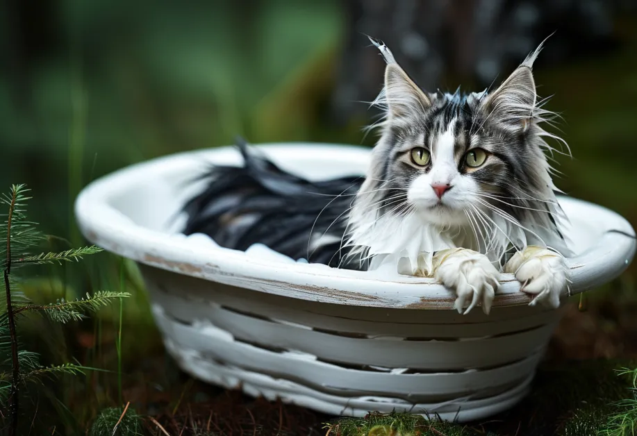 ภาพแมวกำลังได้รับการล้างขนอย่างอ่อนโยน - เทคนิคการอาบน้ำด้วยผลิตภัณฑ์ที่มีคุณสมบัติช่วยบำรุงขนและปกป้องผิวจากความแห้ง