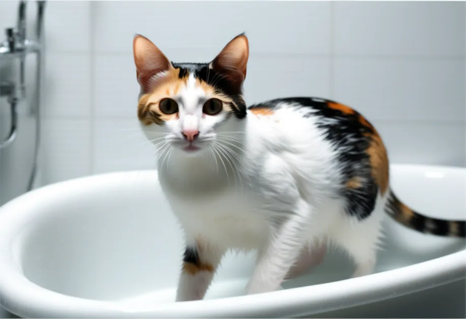 ภาพแมวระหว่างขั้นตอนการดูแลผิวหนังและอาบน้ำอย่างอ่อนโยน เพื่อป้องกันการระคายเคืองและปัญหาผิวหนัง