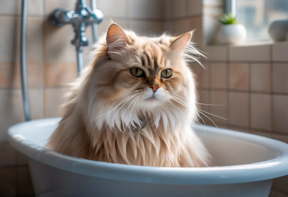 การแปรงขนแมวหลังอาบน้ำ เพื่อช่วยลดการพันกันและทำให้ขนเงางาม