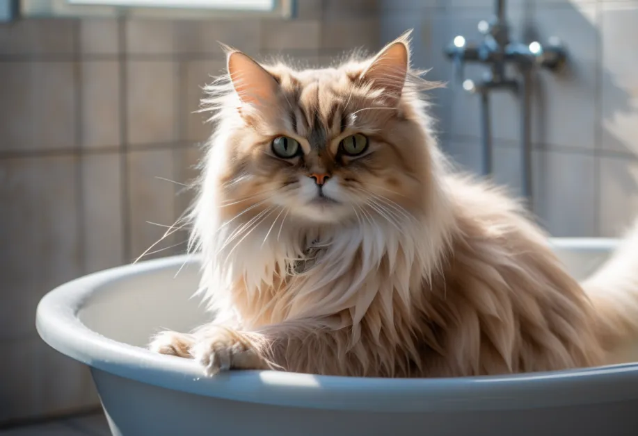 แมวขนยาวกำลังเพลิดเพลินกับการทำความสะอาดขน - เลือกครีมนวดบำรุงที่ช่วยให้ขนนุ่มลื่นและป้องกันปัญหาผิวหนัง