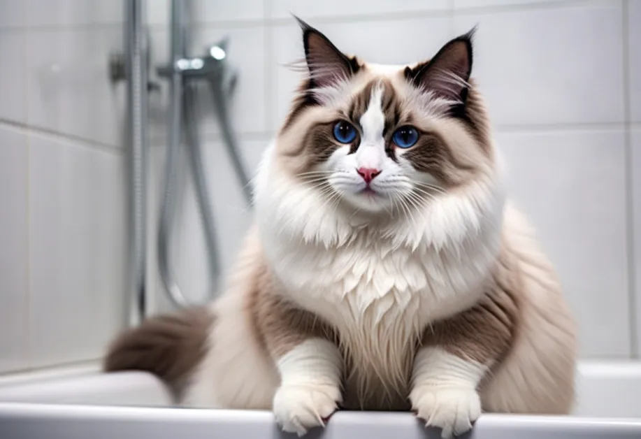 แมวกำลังอาบน้ำอย่างสบายในอ่าง - ดูแลผิวหนังและขนด้วยแชมพูที่เหมาะสำหรับแมว เพื่อสุขภาพที่ดีและเงางาม