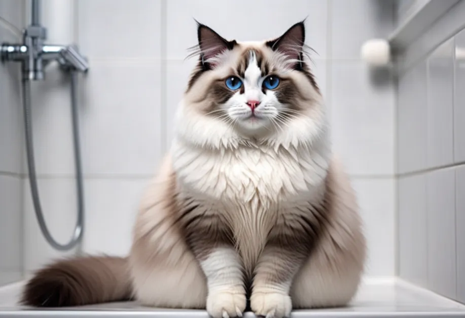 ภาพแมวกำลังเพลิดเพลินกับการอาบน้ำด้วยแชมพูสูตรอ่อนโยน - ผลิตภัณฑ์ทำความสะอาดสำหรับแมวที่ช่วยปกป้องขนและผิวหนังให้เงางามและสุขภาพดี เหมาะสำหรับทุกสายพันธุ์