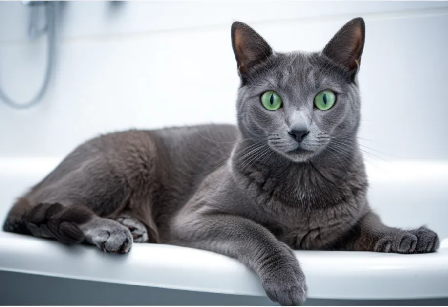 ภาพแมวนั่งใกล้ชามอาหารที่เต็มไปด้วยอาหารสุขภาพ - แสดงถึงการให้อาหารที่สมดุลเพื่อบำรุงผิวหนังและสุขภาพโดยรวมของแมว พร้อมส่งเสริมความเงางามของขนอย่างธรรมชาติ