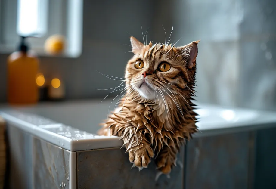 อุปกรณ์สำหรับอาบน้ำแมววางอย่างเป็นระเบียบข้างอ่าง - การเตรียมตัวให้พร้อมเพื่อการดูแลผิวหนังแมวอย่างอ่อนโยน