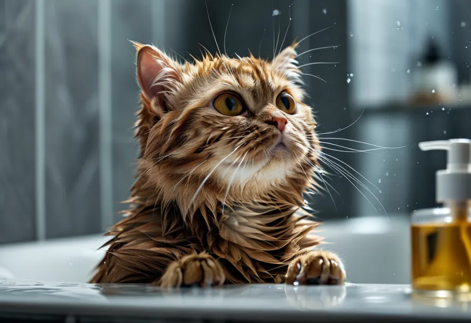 ภาพแมวขณะอาบน้ำในอ่างขนาดเล็ก - การอาบน้ำที่ช่วยลดการหลุดร่วงของขนแมว พร้อมป้องกันอาการแพ้และระคายเคือง