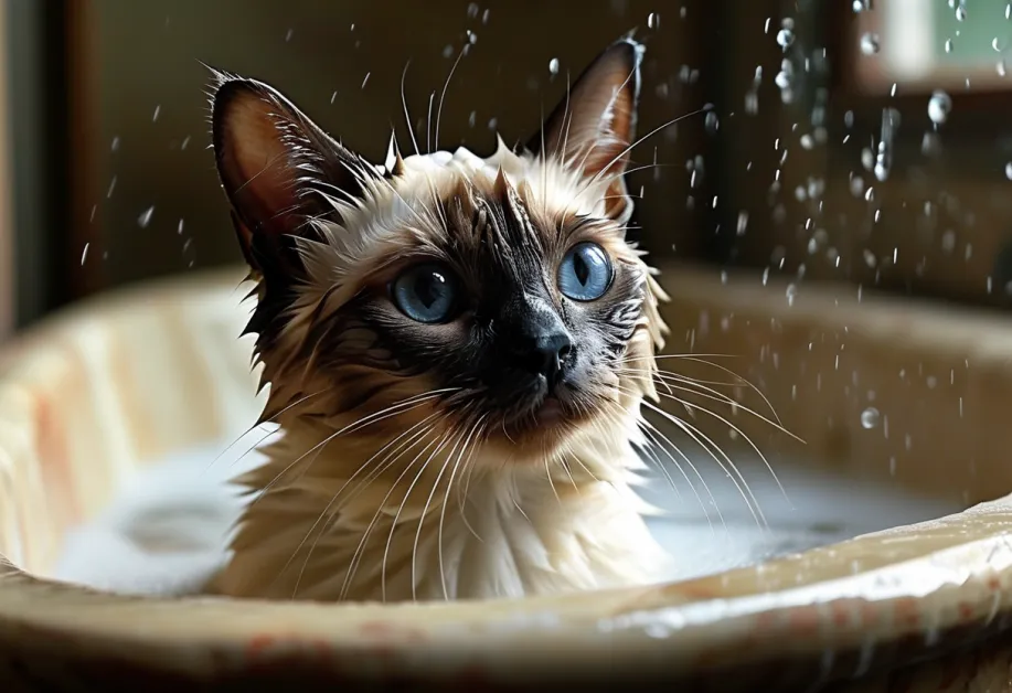 แมวขนสั้นกำลังถูกอาบน้ำด้วยแชมพูสำหรับแมวแพ้ง่าย - การดูแลแมวที่ก่อภูมิแพ้น้อยอย่างมีประสิทธิภาพเพื่อสุขภาพที่ดี