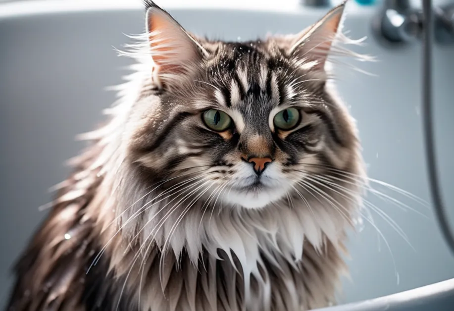 รูปภาพแมวในอ่างน้ำพร้อมฟองสบู่ - แมวกำลังเพลิดเพลินกับการอาบน้ำในอ่างน้ำ พร้อมฟองสบู่นุ่ม ๆ ที่ช่วยดูแลผิวและขนให้สะอาดและสุขภาพดี.