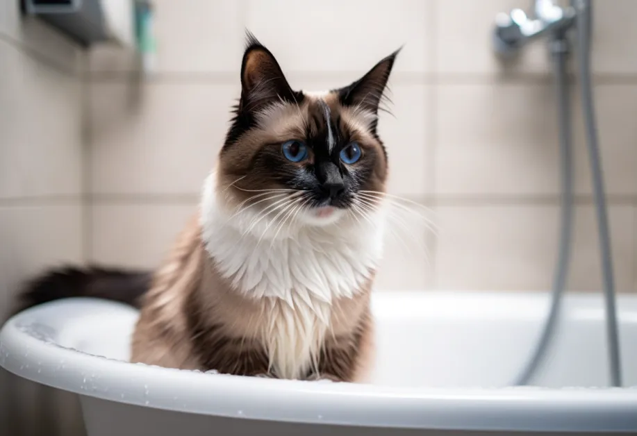 แมวขนฟูในอ่างอาบน้ำ แสดงให้เห็นถึงวิธีอาบน้ำที่ช่วยลดความเครียดและทำให้แมวรู้สึกปลอดภัย