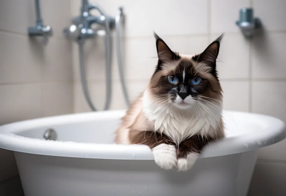 แมวขนปุยสีขาวในอ่างอาบน้ำพร้อมฟองสบู่ - แมวขนปุยสีขาวแสนสวยกำลังเพลิดเพลินในอ่างอาบน้ำ ช่วยดึงดูดใจผู้อ่านที่ต้องการเรียนรู้การทำความสะอาดขนแมวอย่างอ่อนโยน