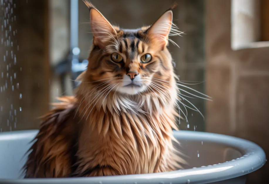 ภาพแมวผ่อนคลายในระหว่างการอาบน้ำ - ช่วงเวลาที่ช่วยให้ขนแมวสะอาดและสุขภาพดี พร้อมป้องกันการระคายเคืองผิวหนังในแมวที่บอบบางที่สุด
