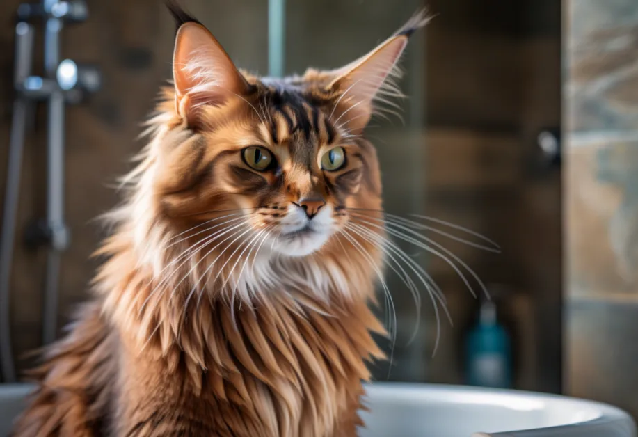 แมวกำลังถูกล้างน้ำอย่างอ่อนโยน ช่วยขจัดสิ่งสกปรกและดูแลสุขภาพผิวหนังให้สดใส