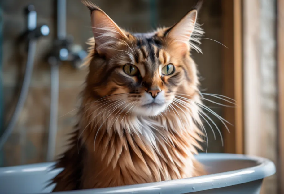 แมวขนฟูสีขาวกับอ่างอาบน้ำ - ภาพน่ารักของแมวขนฟูสีขาวที่กำลังเพลิดเพลินกับการอาบน้ำ เหมาะสำหรับบทความเกี่ยวกับการดูแลขนแมวขนยาวและวิธีอาบน้ำแมวอย่างปลอดภัย