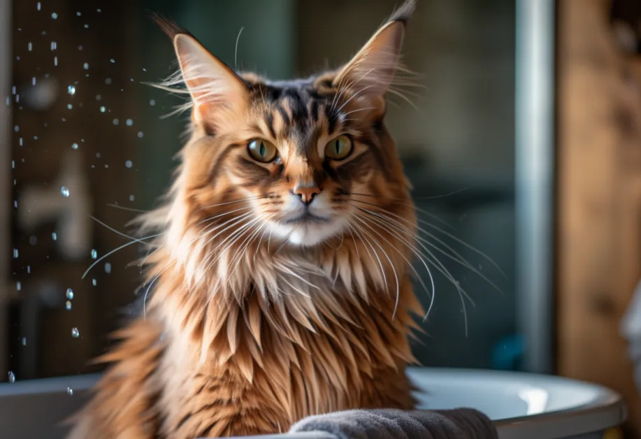 แมวสีส้มแสนซนกำลังอาบน้ำ - ภาพแมวสีส้มในอ่างอาบน้ำ เหมาะสำหรับแนะนำการดูแลแมวด้วยผลิตภัณฑ์ออร์แกนิกและวิธีลดความเครียดระหว่างอาบน้ำ