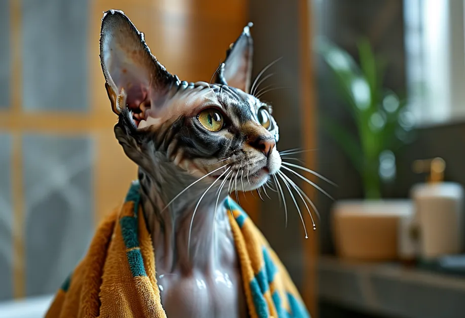 แมวขนเงางามในบรรยากาศอบอุ่นหลังอาบน้ำ ด้วยการดูแลที่ช่วยป้องกันรังแคและผิวแห้งในช่วงฤดูหนาว