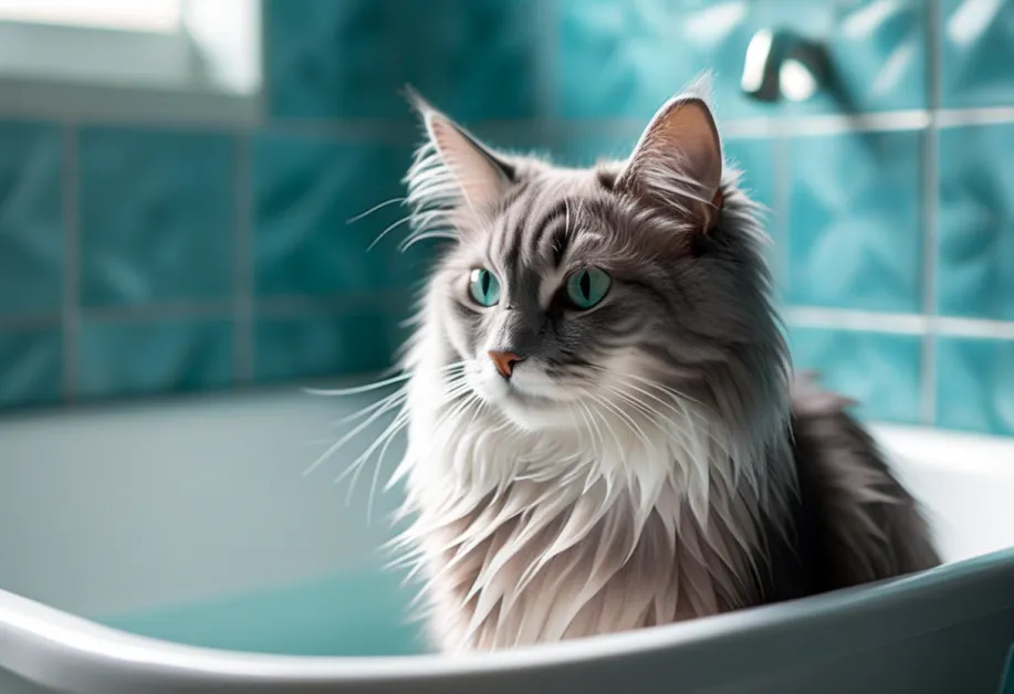 ภาพแมวนอนอย่างสบายหลังการอาบน้ำในฤดูหนาว แสดงถึงผลลัพธ์ของการดูแลผิวที่เหมาะสมและปลอดภัย